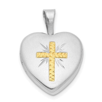 Sterlingsilber Rhodiniert & Goldfarben Satiniert Diamantiert Kreuz Herz Medaillon