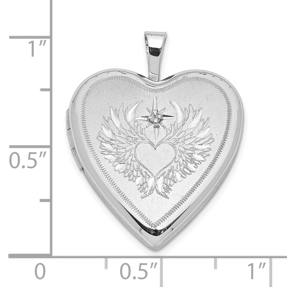 Sterlingsilber Rhodiniert Diamant Flügel mit Herz 20mm Herz Medaillon