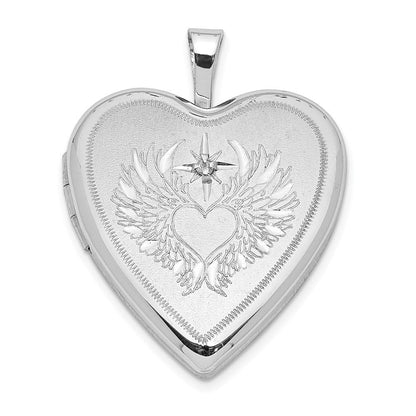 Sterlingsilber Rhodiniert Diamant Flügel mit Herz 20mm Herz Medaillon