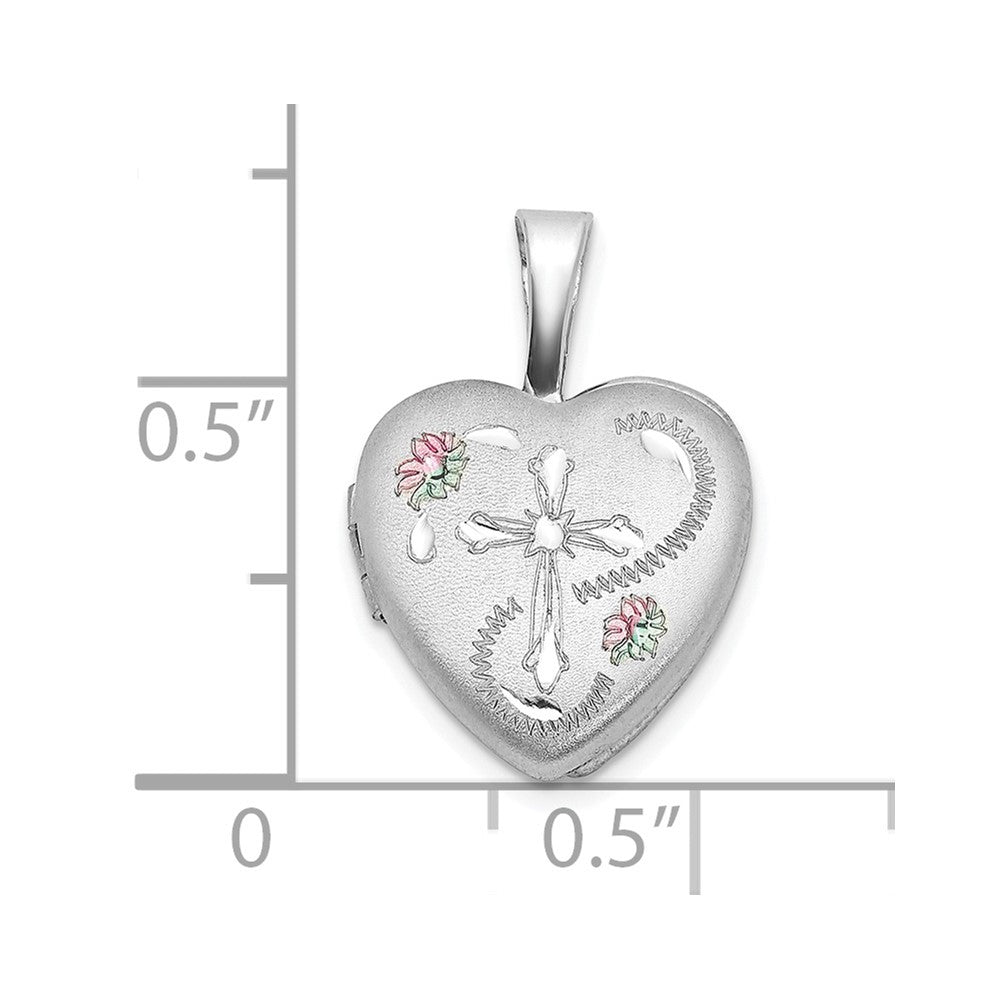 Sterlingsilber Rhodiniert Diamantiert Emailliert Blumen Kreuz 12mm Herz Medaillon