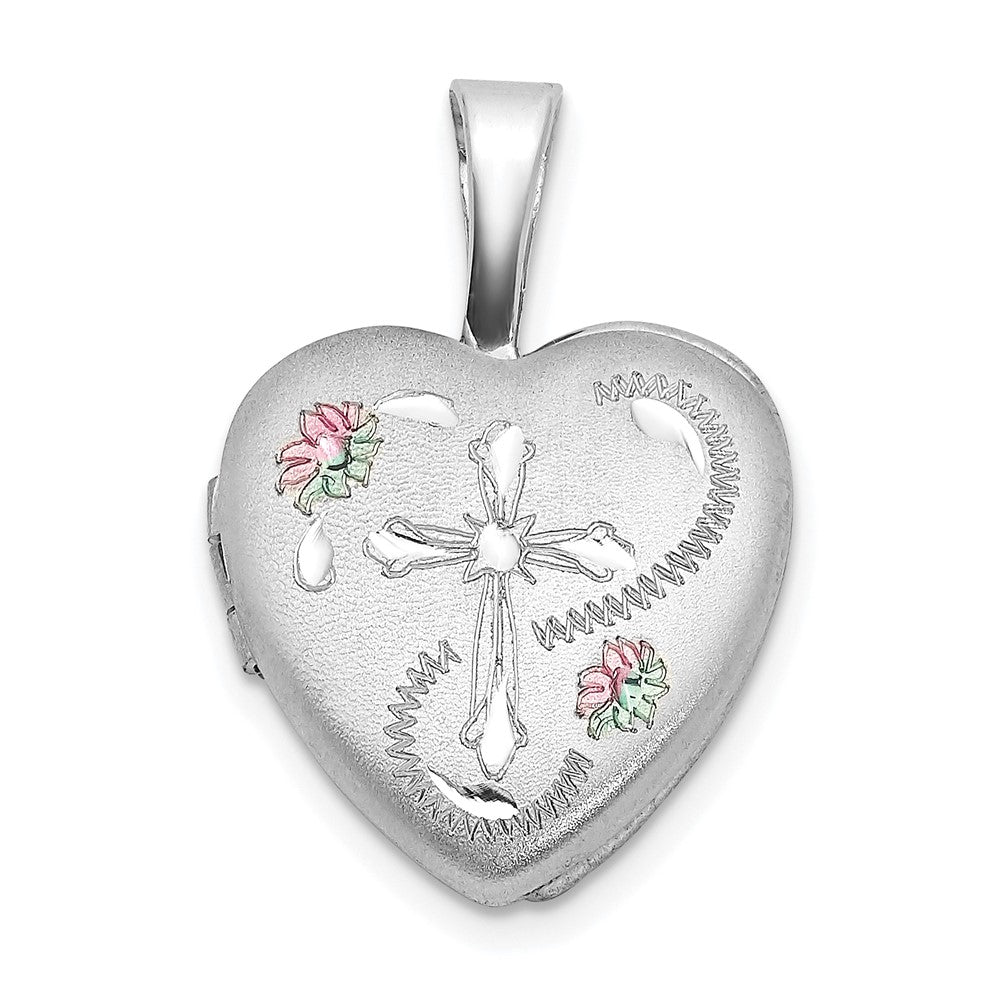 Sterlingsilber Rhodiniert Diamantiert Emailliert Blumen Kreuz 12mm Herz Medaillon