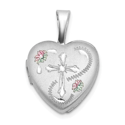Sterlingsilber Rhodiniert Diamantiert Emailliert Blumen Kreuz 12mm Herz Medaillon