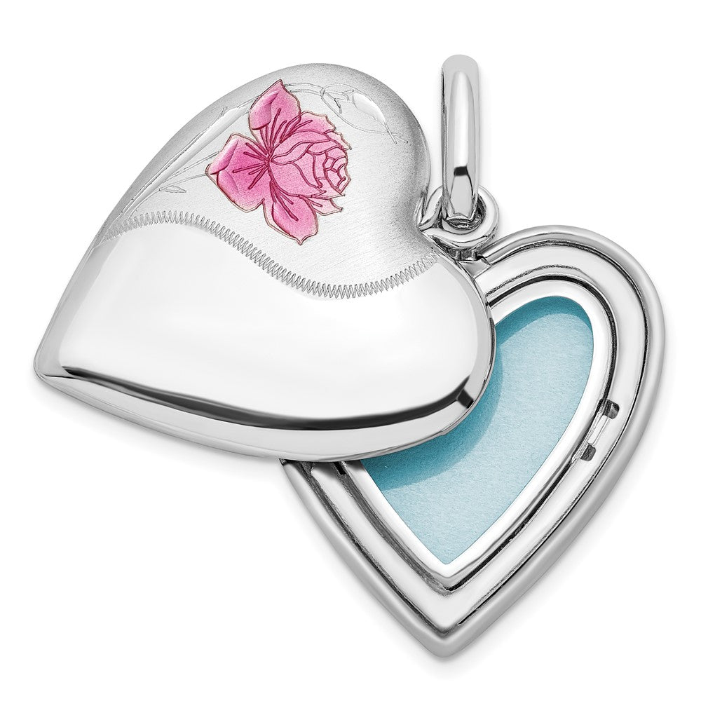 Sterlingsilber Rhodiniert 20mm Emaille Rose Herz Swing Medaillon