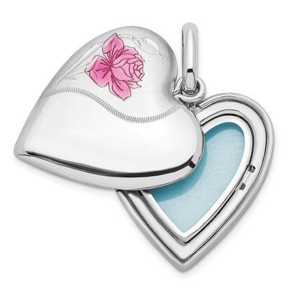 Sterlingsilber Rhodiniert 20mm Emaille Rose Herz Swing Medaillon