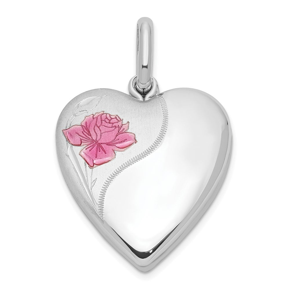 Sterlingsilber Rhodiniert 20mm Emaille Rose Herz Swing Medaillon