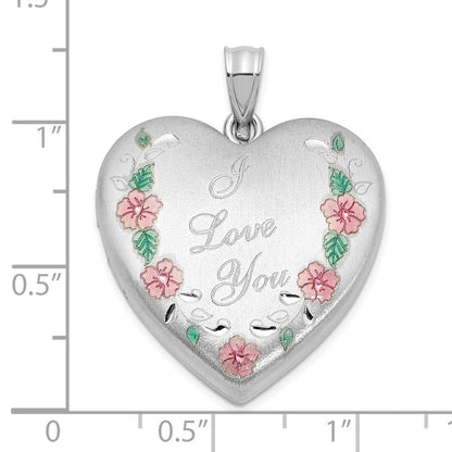 Sterlingsilber Rhodiniert Satiniert Epoxid I Liebe You Blumen 24mm Herz Medaillon