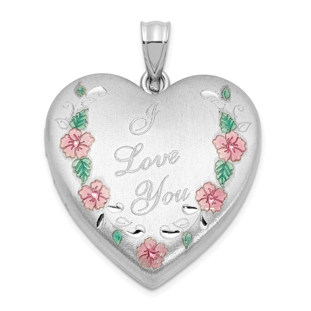 Sterlingsilber Rhodiniert Satiniert Epoxid I Liebe You Blumen 24mm Herz Medaillon