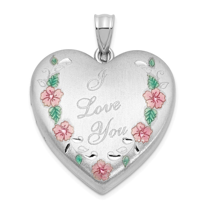 Sterlingsilber Rhodiniert Satiniert Epoxid I Liebe You Blumen 24mm Herz Medaillon
