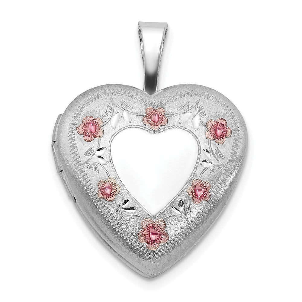 Sterlingsilber Rhodiniert Poliert / Satiniert Epoxid 16mm Blumen Herz Medaillon