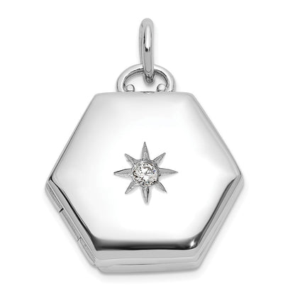 Sterlingsilber Rhodiniert Poliert Zirkonia Stern 16mm Hexagon Medaillon