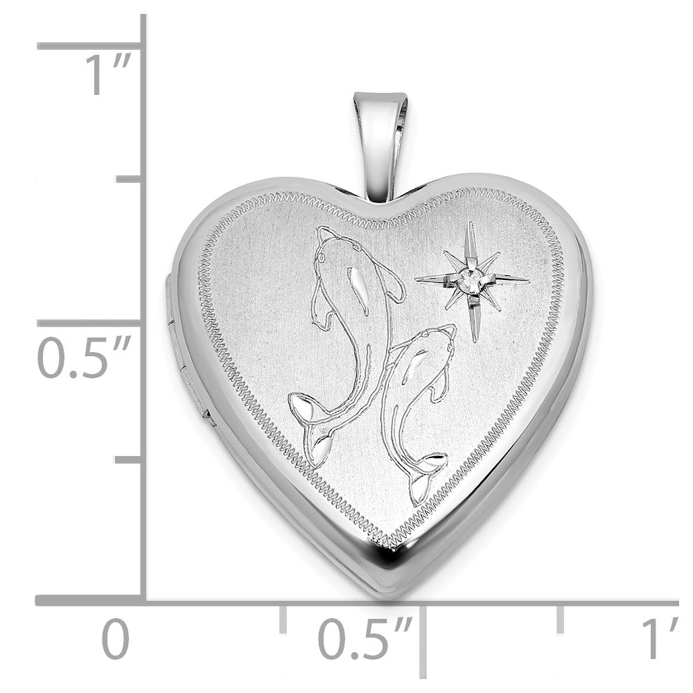 Sterlingsilber Rhodiniert-pl Gebürstet Diamant und Dolphins 20mm Herz Medaillon