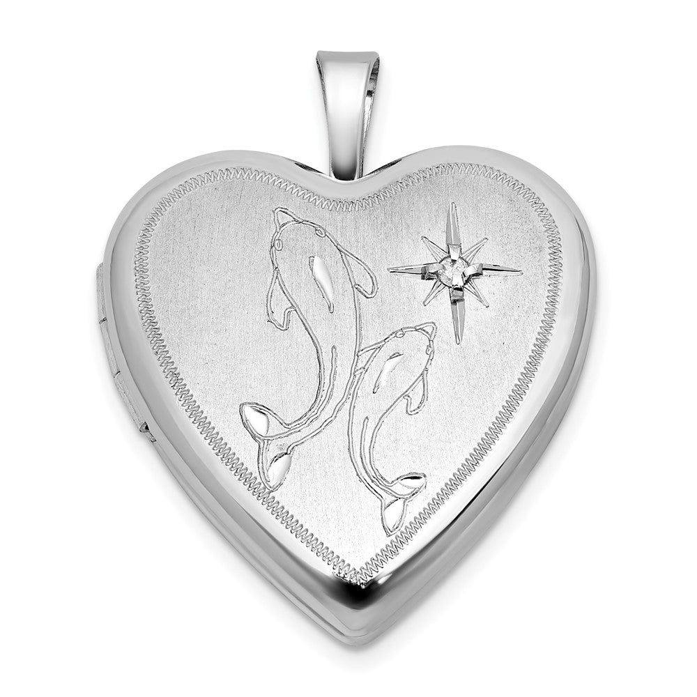 Sterlingsilber Rhodiniert-pl Gebürstet Diamant und Dolphins 20mm Herz Medaillon