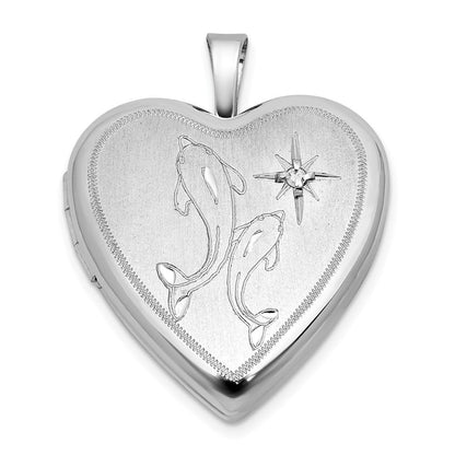 Sterlingsilber Rhodiniert-pl Gebürstet Diamant und Dolphins 20mm Herz Medaillon