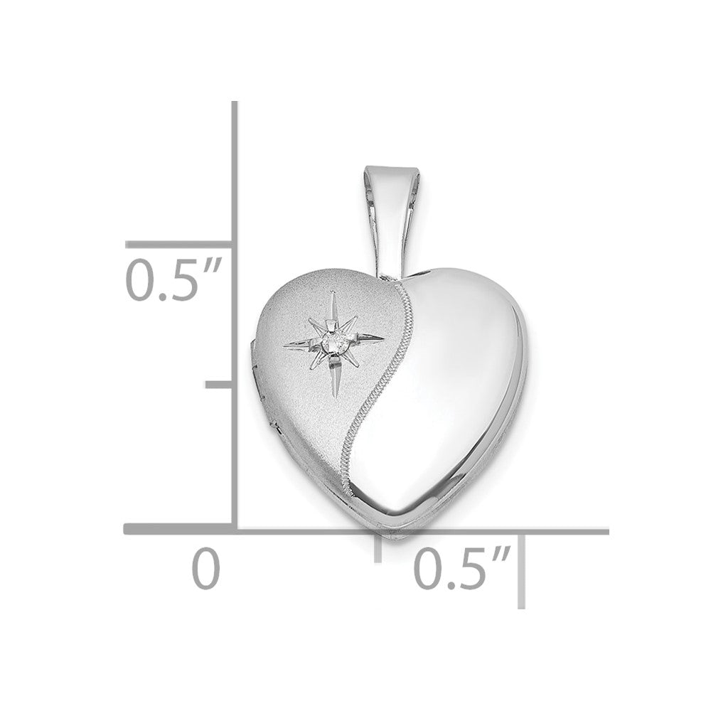 Sterlingsilber Rhodiniert-pl Gebürstet und Poliert Diamant 12mm Herz Medaillon