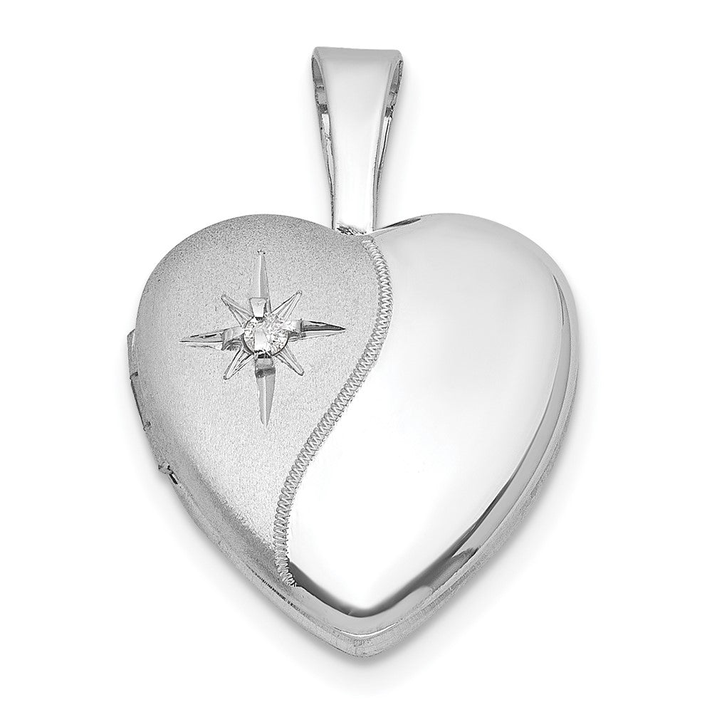 Sterlingsilber Rhodiniert-pl Gebürstet und Poliert Diamant 12mm Herz Medaillon