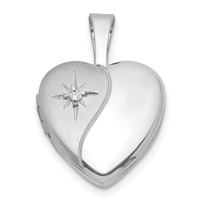 Sterlingsilber Rhodiniert-pl Gebürstet und Poliert Diamant 12mm Herz Medaillon