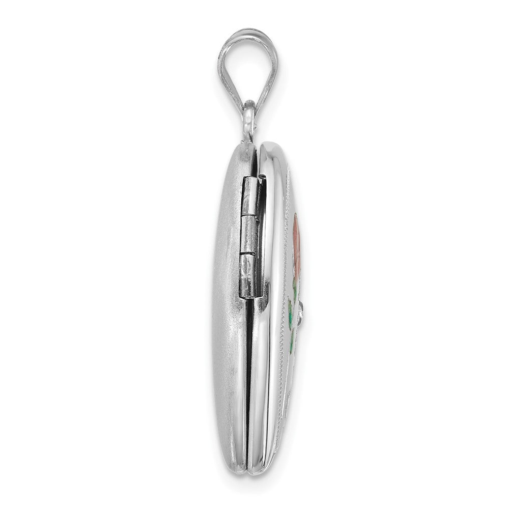 Sterlingsilber Rhodiniert-pl Gebürstet Diamant und Emailliert Rose Mama 24mm Herz Medaillon