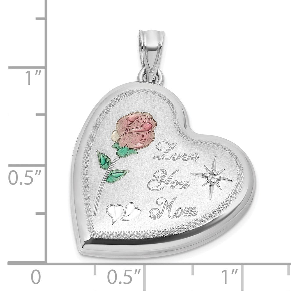 Sterlingsilber Rhodiniert-pl Gebürstet Diamant und Emailliert Rose Mama 24mm Herz Medaillon