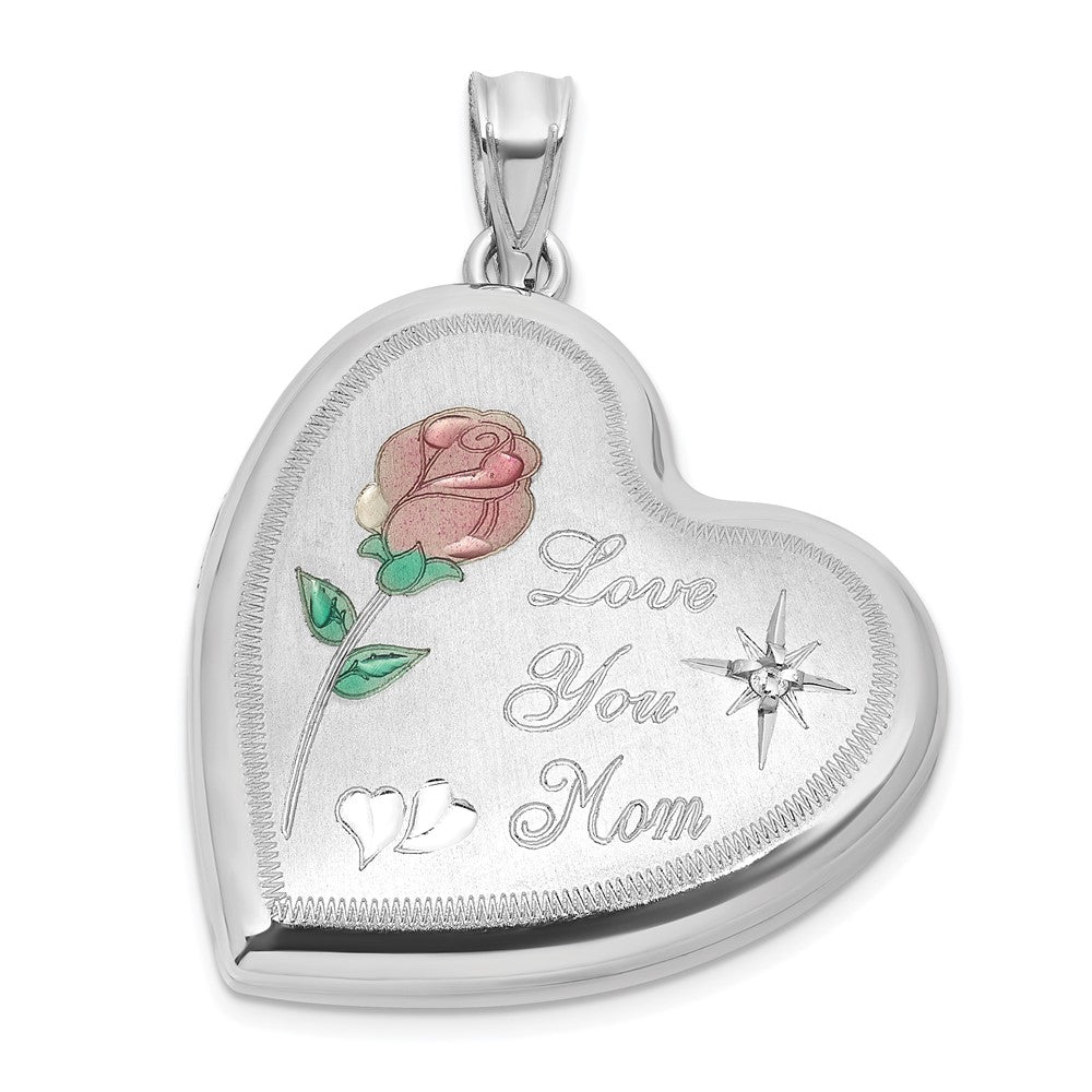 Sterlingsilber Rhodiniert-pl Gebürstet Diamant und Emailliert Rose Mama 24mm Herz Medaillon
