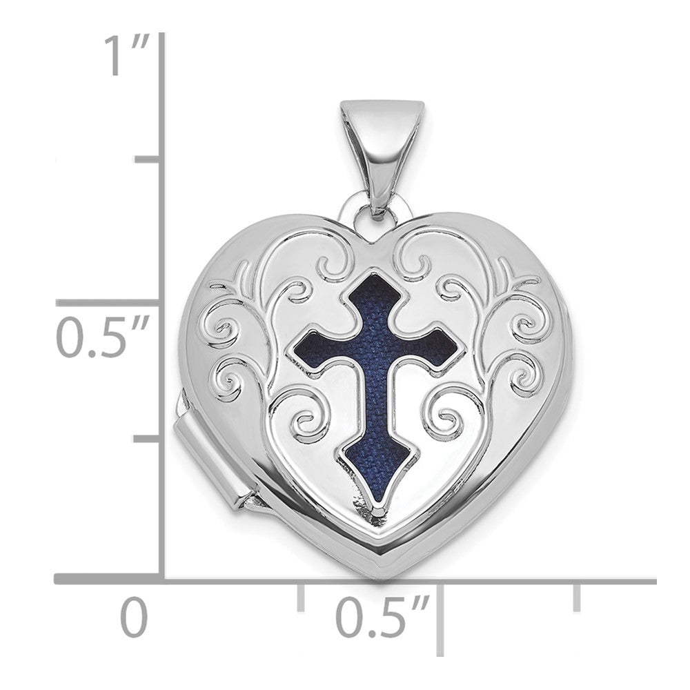 Sterlingsilber Rhodiniert Blau Stoff Offen Kreuz 18mm Herz Medaillon