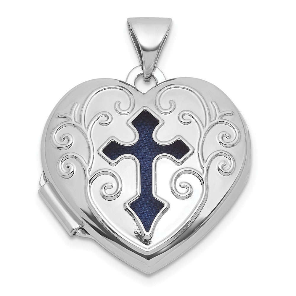 Sterlingsilber Rhodiniert Blau Stoff Offen Kreuz 18mm Herz Medaillon