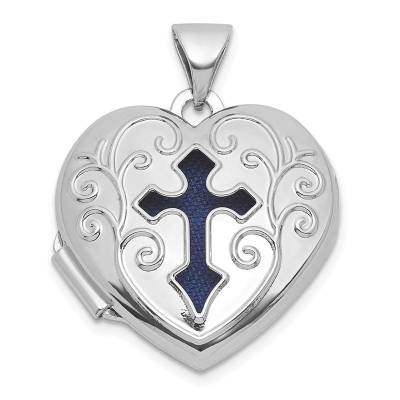 Sterlingsilber Rhodiniert Blau Stoff Offen Kreuz 18mm Herz Medaillon