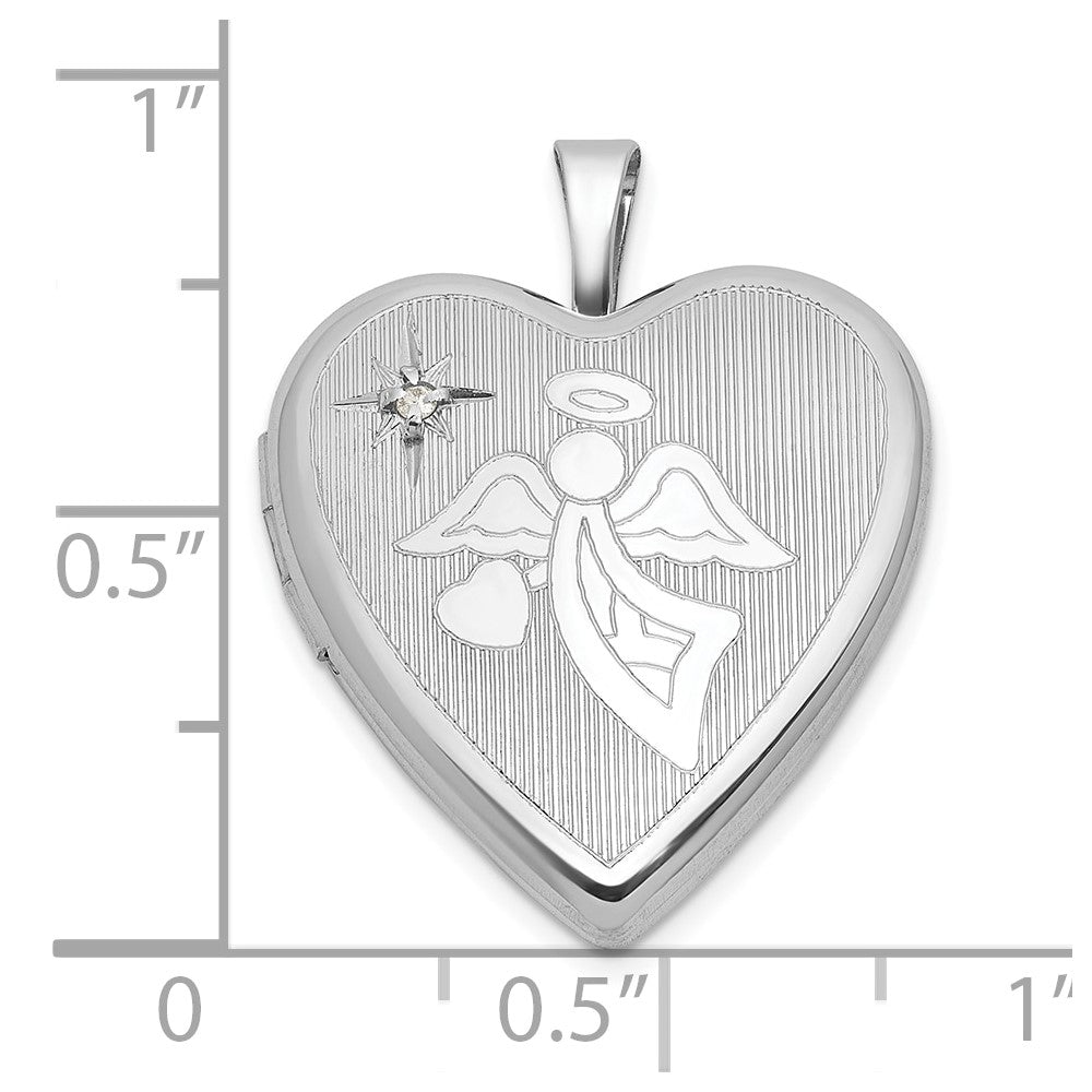 Sterlingsilber Rhodiniert-pl Gebürstet und Poliert Diamant und Engel 20mm Herz Medaillon