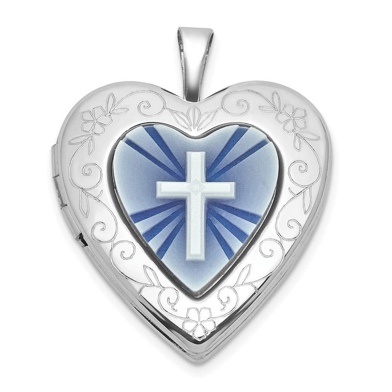 Sterlingsilber Rhodiniert-pl Gebürstet und Poliert Blau Kreuz Resin Cameo 20mm Herz Medaillon