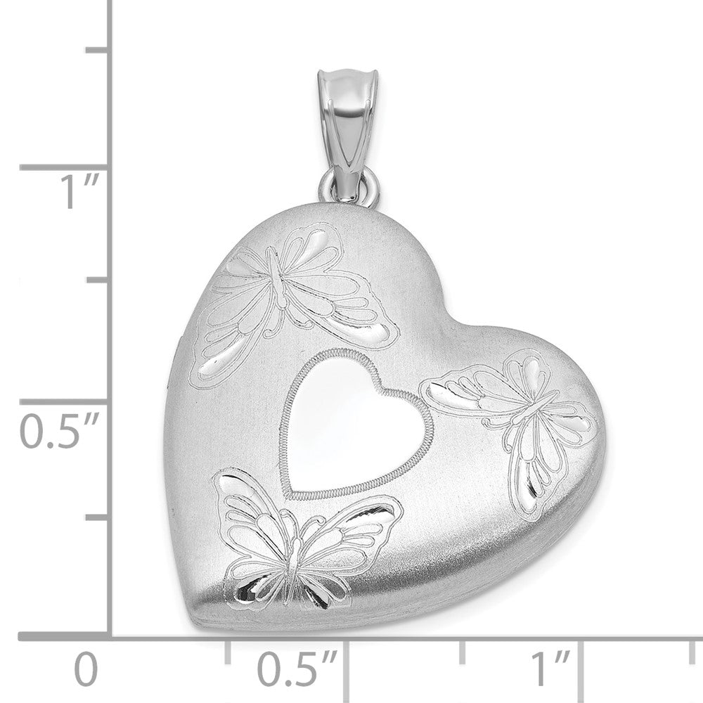Sterlingsilber Rhodiniert-pl Gebürstet und Poliert Schmetterling 24mm Herz Medaillon