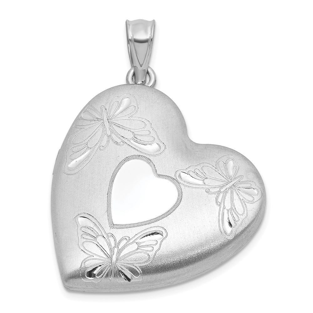 Sterlingsilber Rhodiniert-pl Gebürstet und Poliert Schmetterling 24mm Herz Medaillon