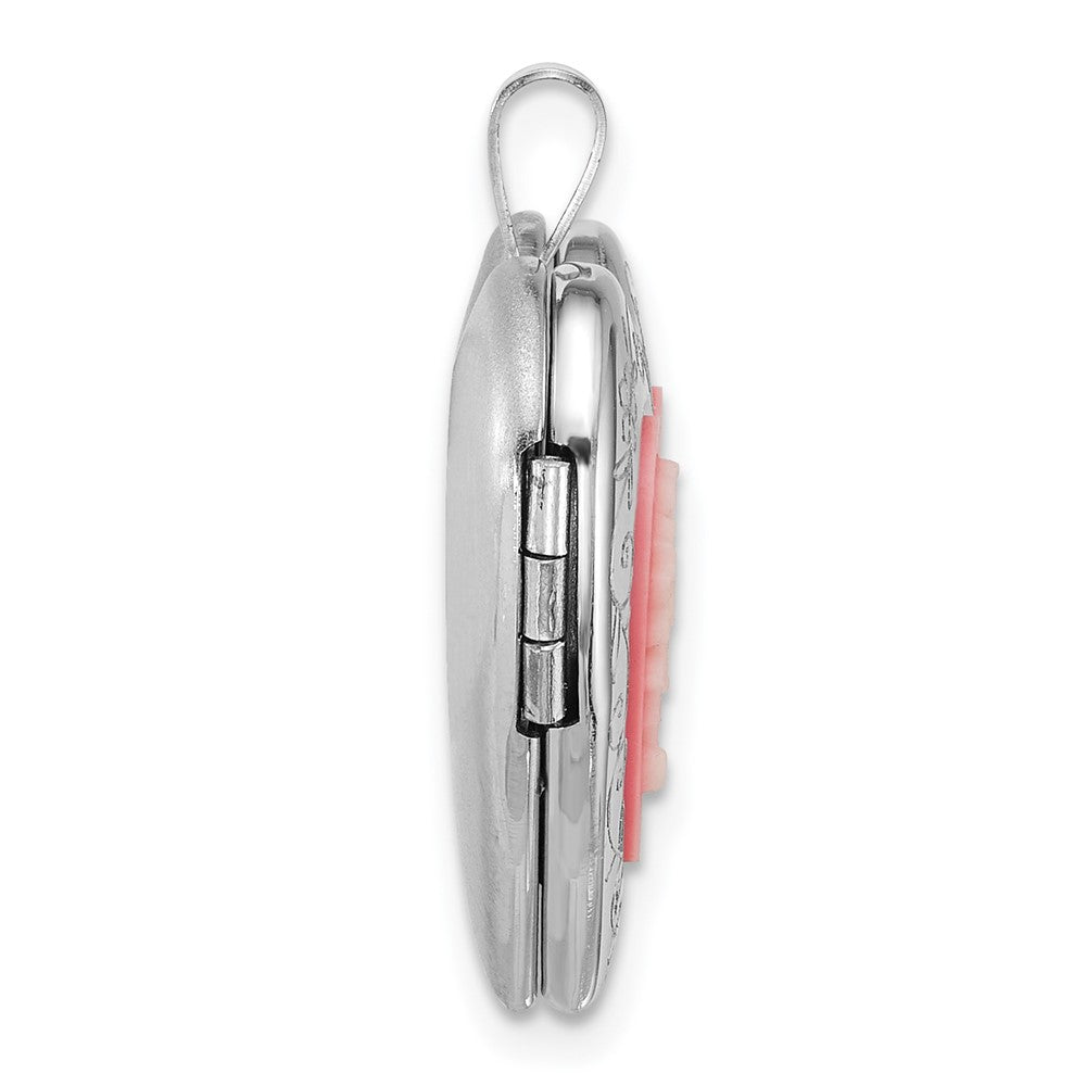 Sterlingsilber Rhodiniert-pl Gebürstet und Poliert Rosa Blumen Resin Cameo 20mm Herz Medaillon