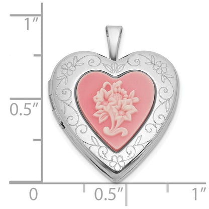 Sterlingsilber Rhodiniert-pl Gebürstet und Poliert Rosa Blumen Resin Cameo 20mm Herz Medaillon