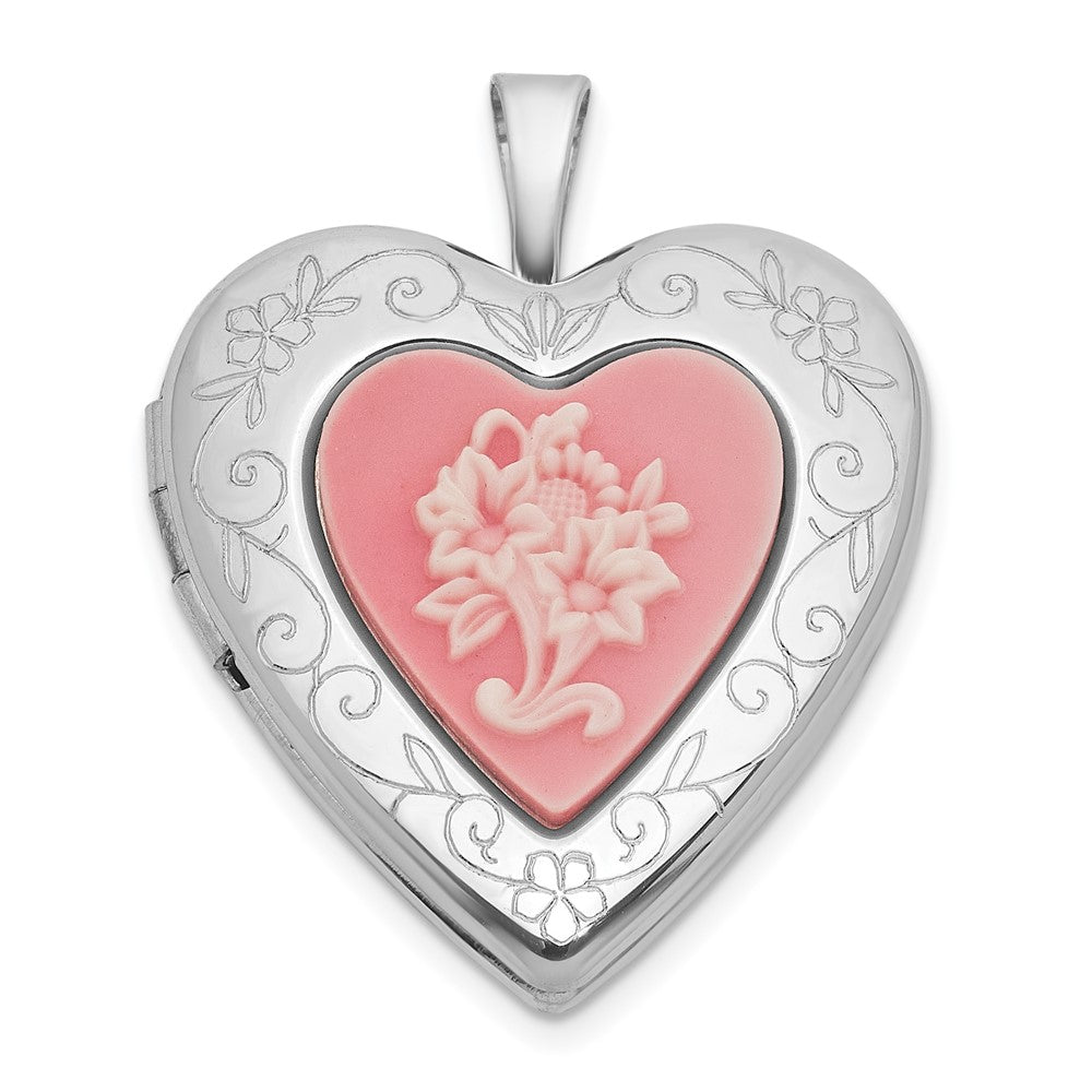 Sterlingsilber Rhodiniert-pl Gebürstet und Poliert Rosa Blumen Resin Cameo 20mm Herz Medaillon