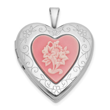Sterlingsilber Rhodiniert-pl Gebürstet und Poliert Rosa Blumen Resin Cameo 20mm Herz Medaillon