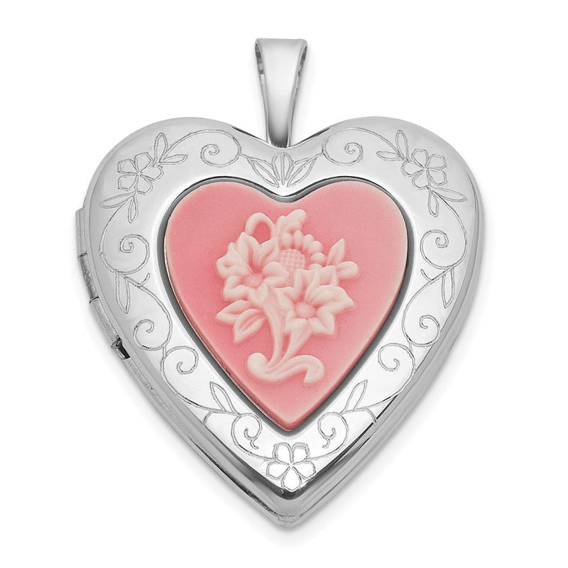 Sterlingsilber Rhodiniert-pl Gebürstet und Poliert Rosa Blumen Resin Cameo 20mm Herz Medaillon