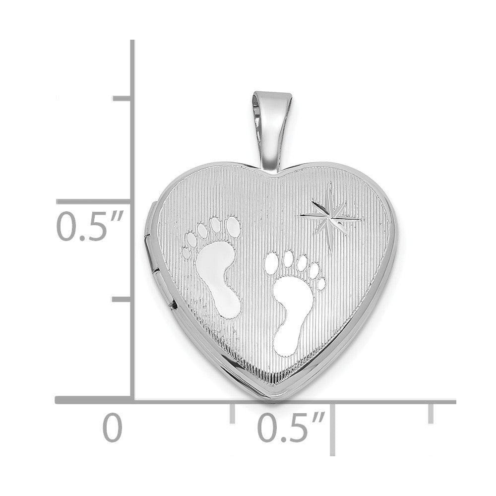 Sterlingsilber Rhodiniert-pl Gebürstet und Poliert Footprints und Stern 16mm Herz Medaillon