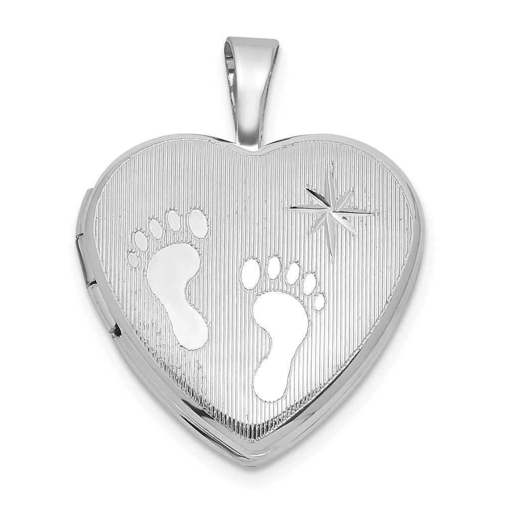 Sterlingsilber Rhodiniert-pl Gebürstet und Poliert Footprints und Stern 16mm Herz Medaillon