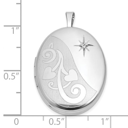 Sterlingsilber Rhodiniert-pl Gebürstet und Poliert Diamant Herzen 26mm Oval Medaillon