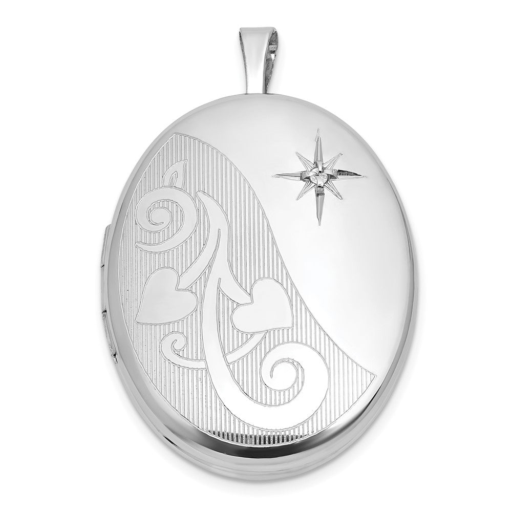 Sterlingsilber Rhodiniert-pl Gebürstet und Poliert Diamant Herzen 26mm Oval Medaillon