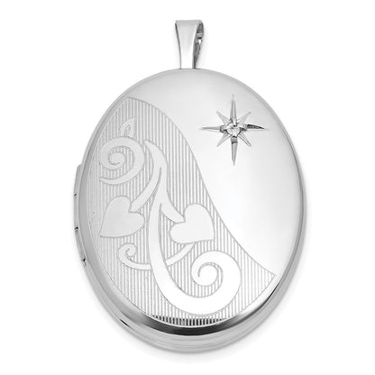 Sterlingsilber Rhodiniert-pl Gebürstet und Poliert Diamant Herzen 26mm Oval Medaillon