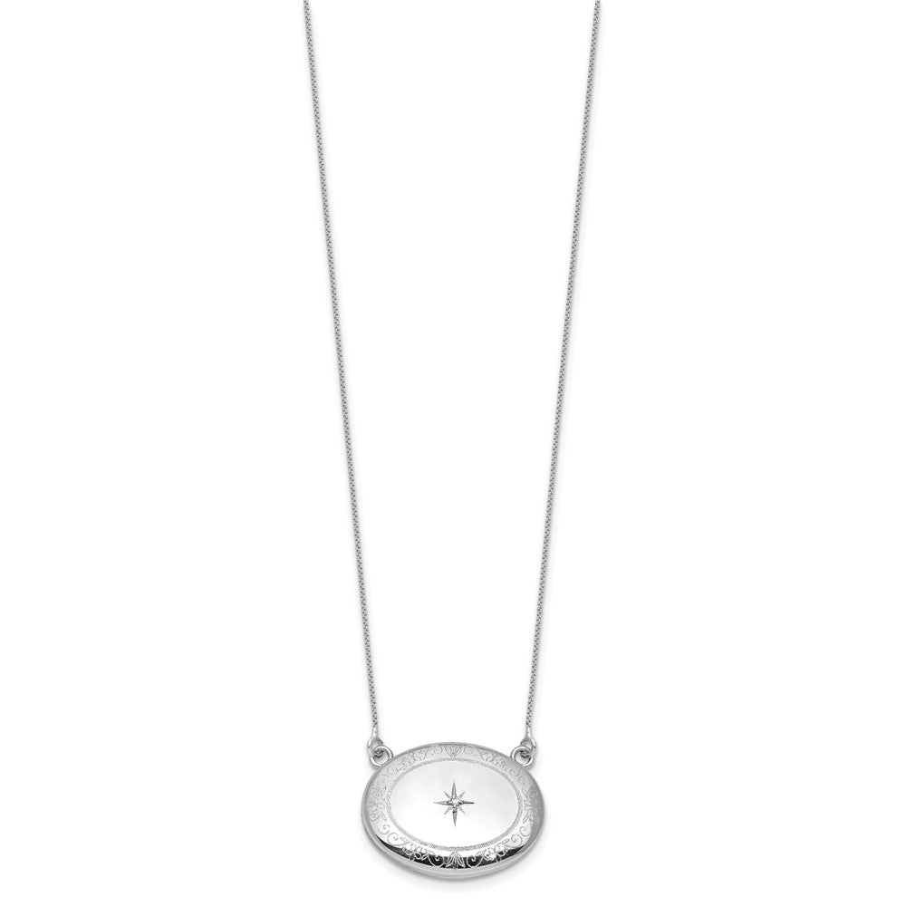 Sterlingsilber Rhodiniert-pl Diamant Blumen 20mm Oval Medaillon mit 2 in Verlängerung. Halskette