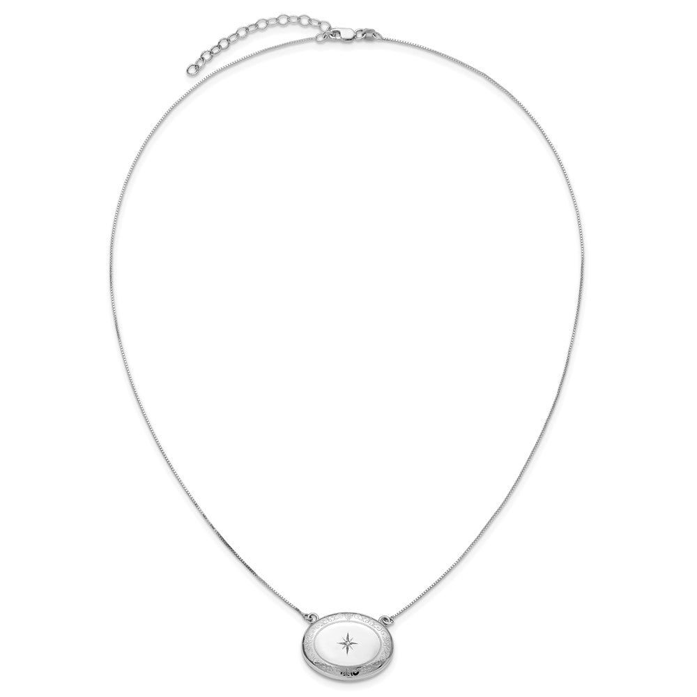 Sterlingsilber Rhodiniert-pl Diamant Blumen 20mm Oval Medaillon mit 2 in Verlängerung. Halskette
