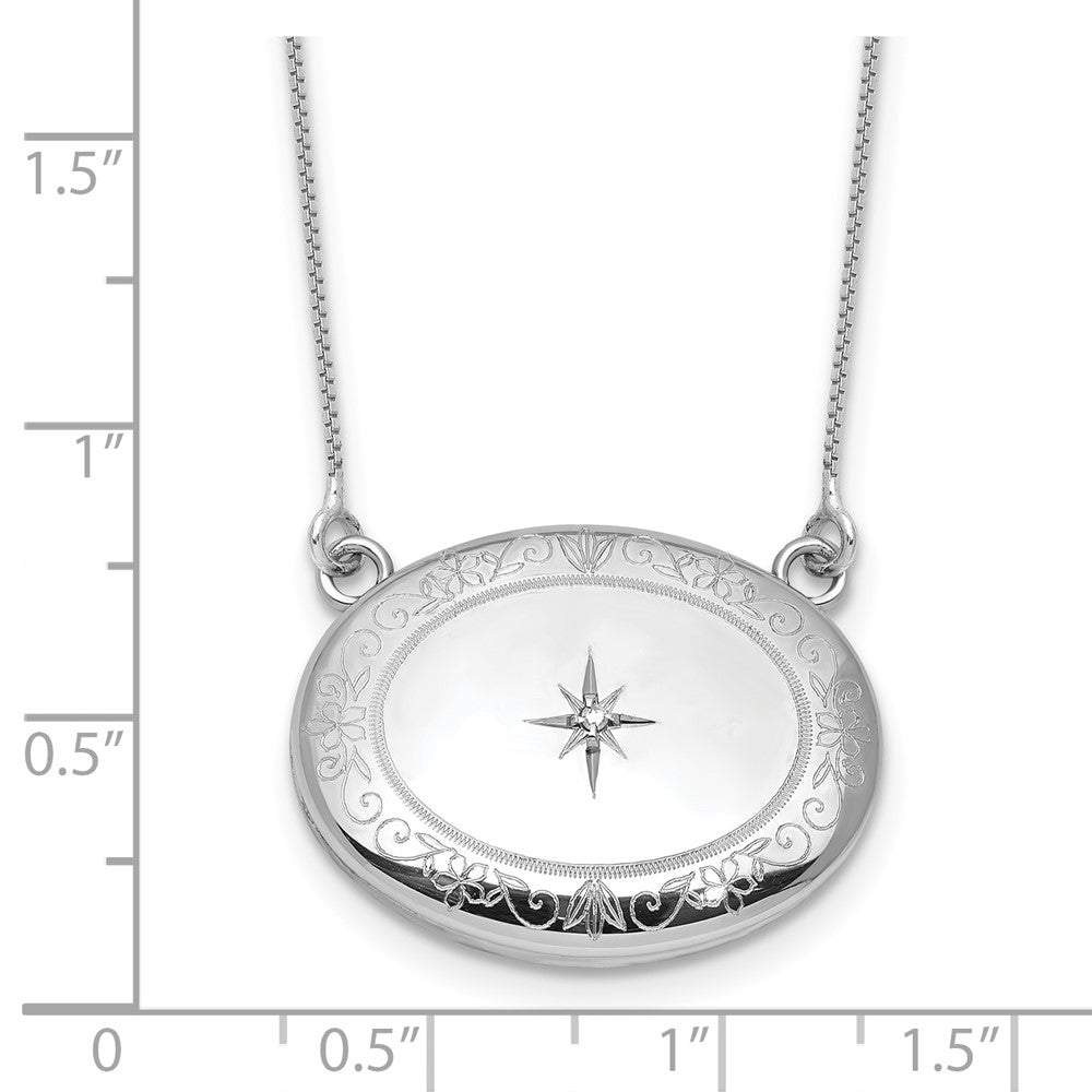 Sterlingsilber Rhodiniert-pl Diamant Blumen 20mm Oval Medaillon mit 2 in Verlängerung. Halskette