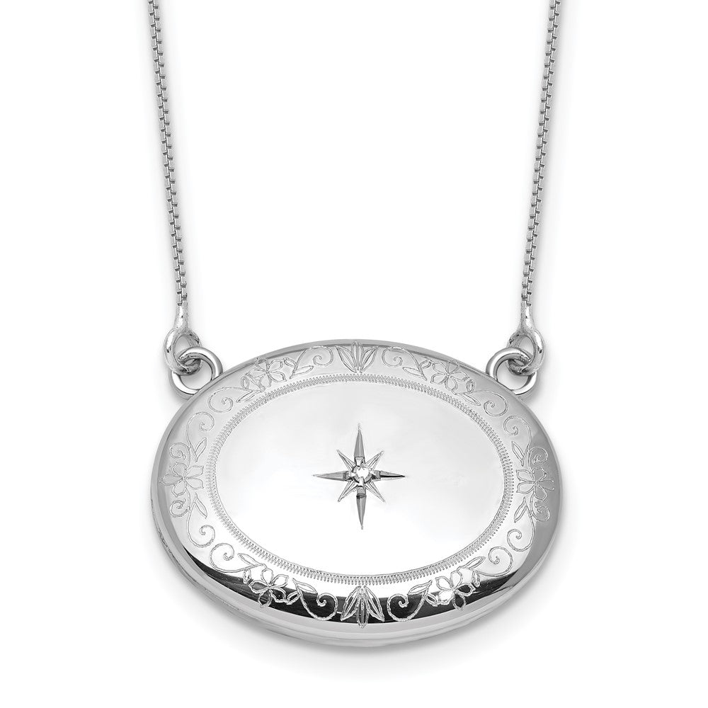 Sterlingsilber Rhodiniert-pl Diamant Blumen 20mm Oval Medaillon mit 2 in Verlängerung. Halskette