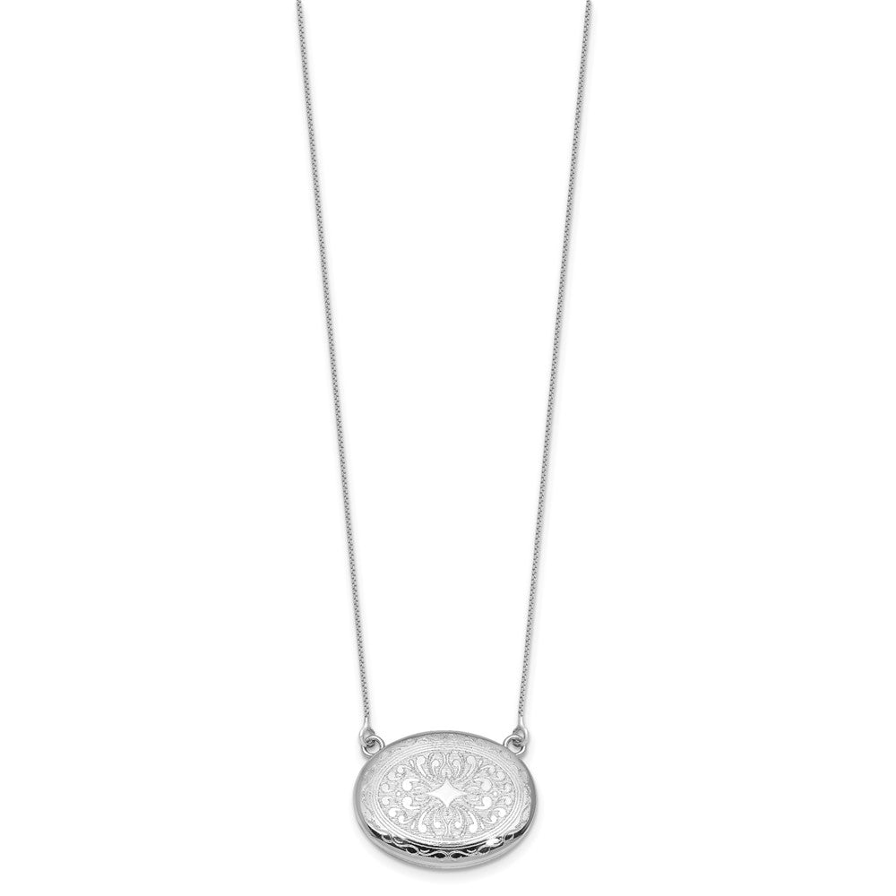 Sterlingsilber Rhodiniert-pl 20mm Oval Filigran Design Medaillon mit 2 in Verlängerung. Halskette