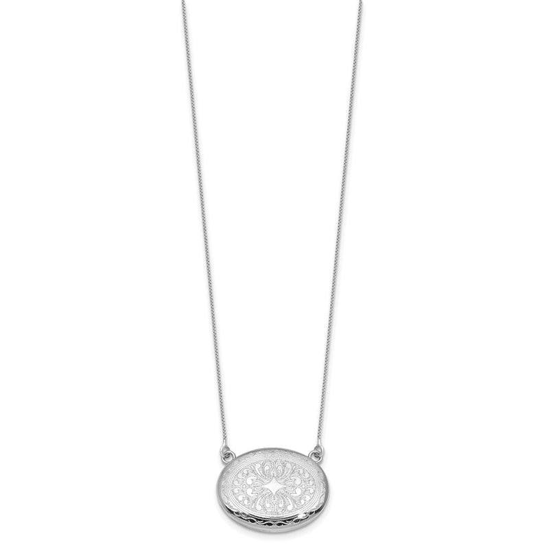 Sterlingsilber Rhodiniert-pl 20mm Oval Filigran Design Medaillon mit 2 in Verlängerung. Halskette