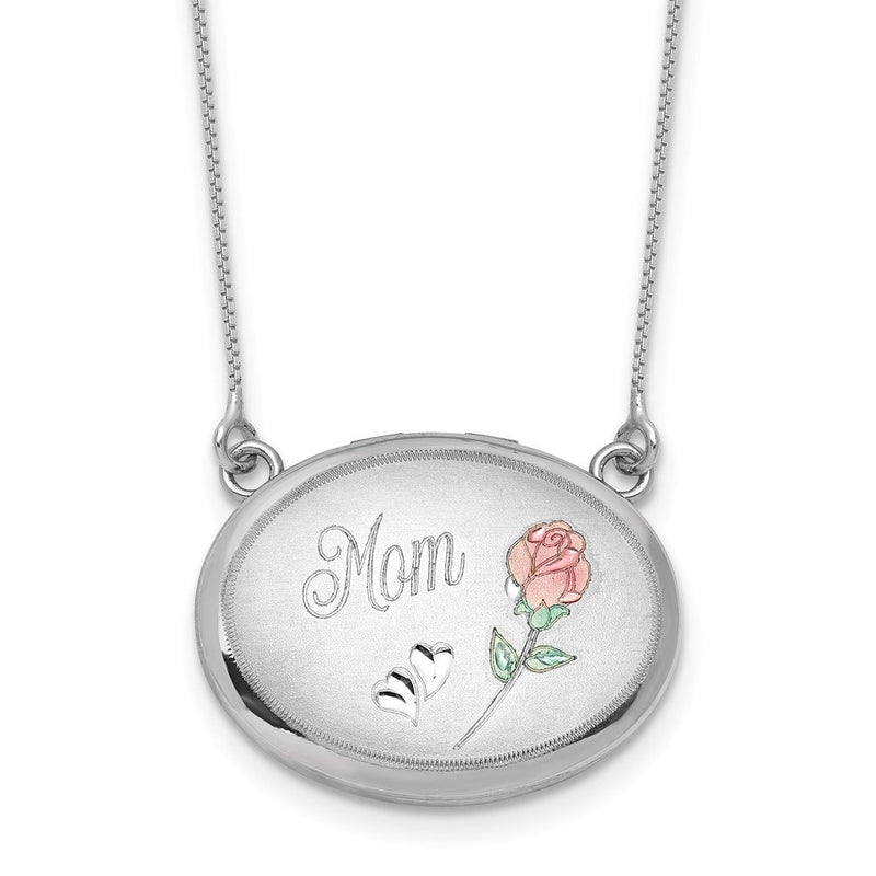 Sterlingsilber Rhodiniert-pl 20mm Oval Mama Epoxid Blume Medaillon mit 2 in Verlängerung. Halskette