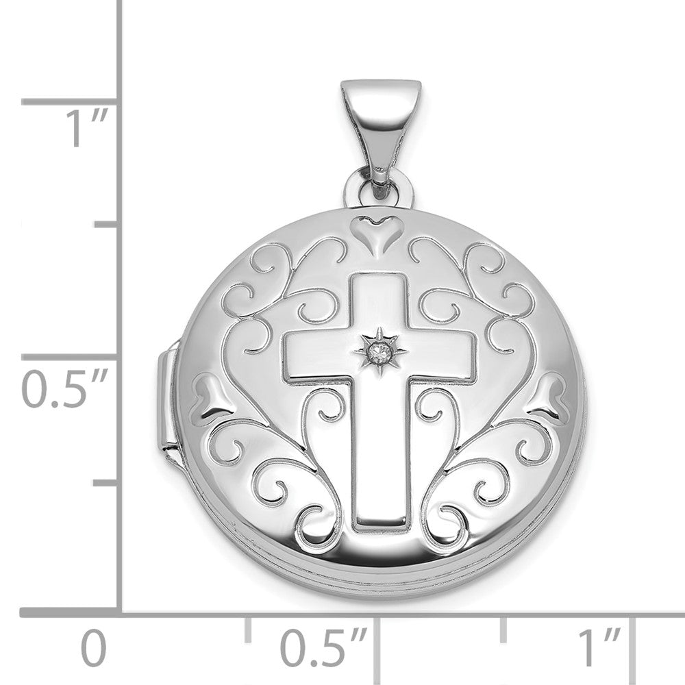 Sterlingsilber Rhodiniert Diamant Kreuz und Herz 20mm Rund Medaillon