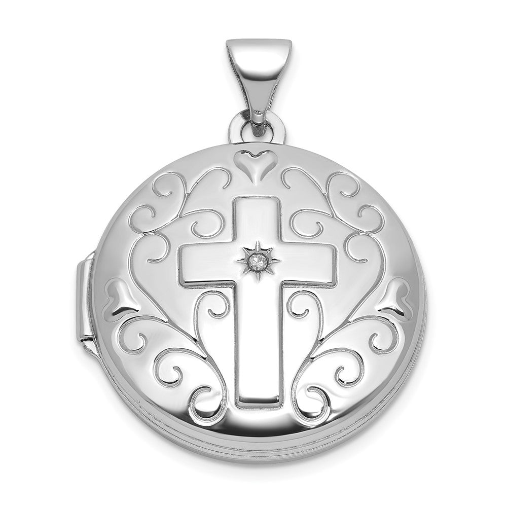 Sterlingsilber Rhodiniert Diamant Kreuz und Herz 20mm Rund Medaillon