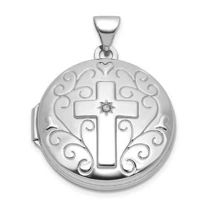 Sterlingsilber Rhodiniert Diamant Kreuz und Herz 20mm Rund Medaillon